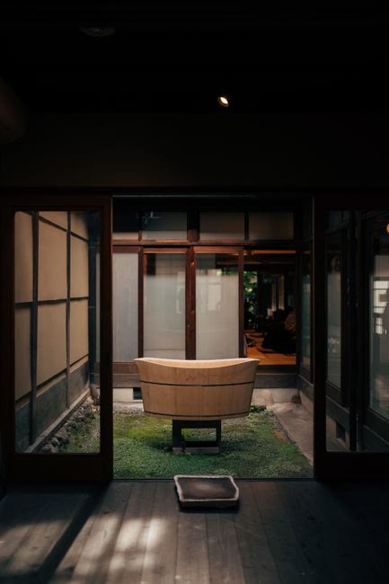 A cypress tub in the courtyard