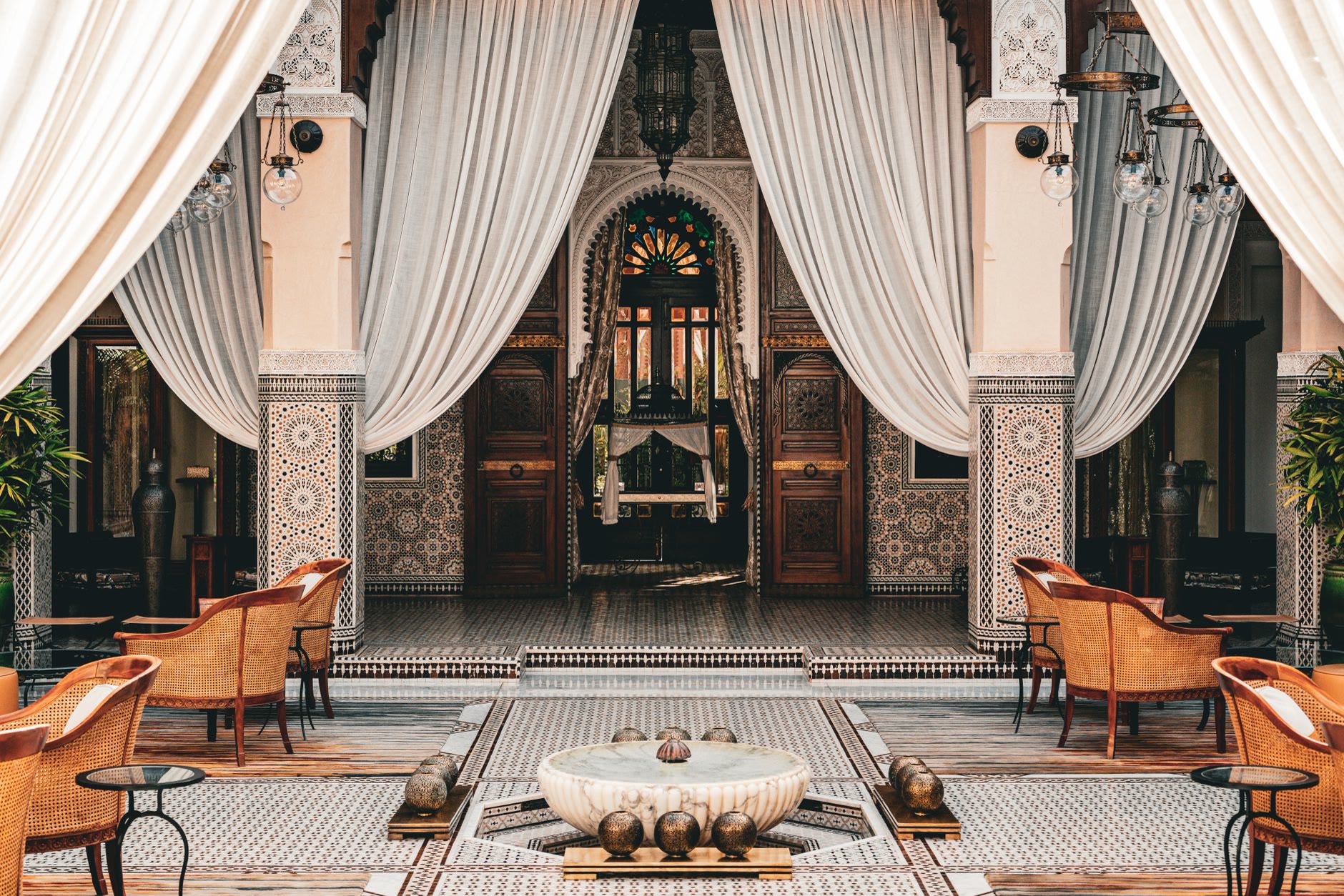 A courtyard, a fountain, a rooftop
